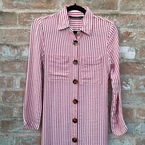 Zara Shirt Dress Red White Striped Linen Blend Midi Button Front Shirtdress - Picture 7 of 14
